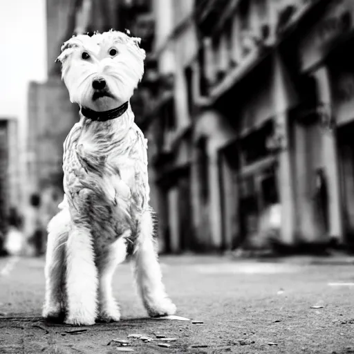 Prompt: photo of a white schnauzer dog with open feathered wings on his back sitting on the street of an abandoned dystopic city, hyprrealism, 5 5 mm photo