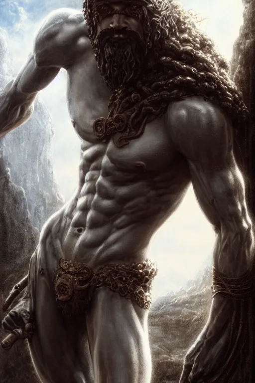 Prompt: cyclops from the odyssey homer's iliad, one - eyed man, intricate, ethereal, by luis royo, hyper detailed, weta digital, ray trace, unreal engine, trending on artist, beautifully lit, cinematic, soft light, photorealistic, volumetric, realistic, glossy, 8 k post - production, masterpiece, luxury, smooth