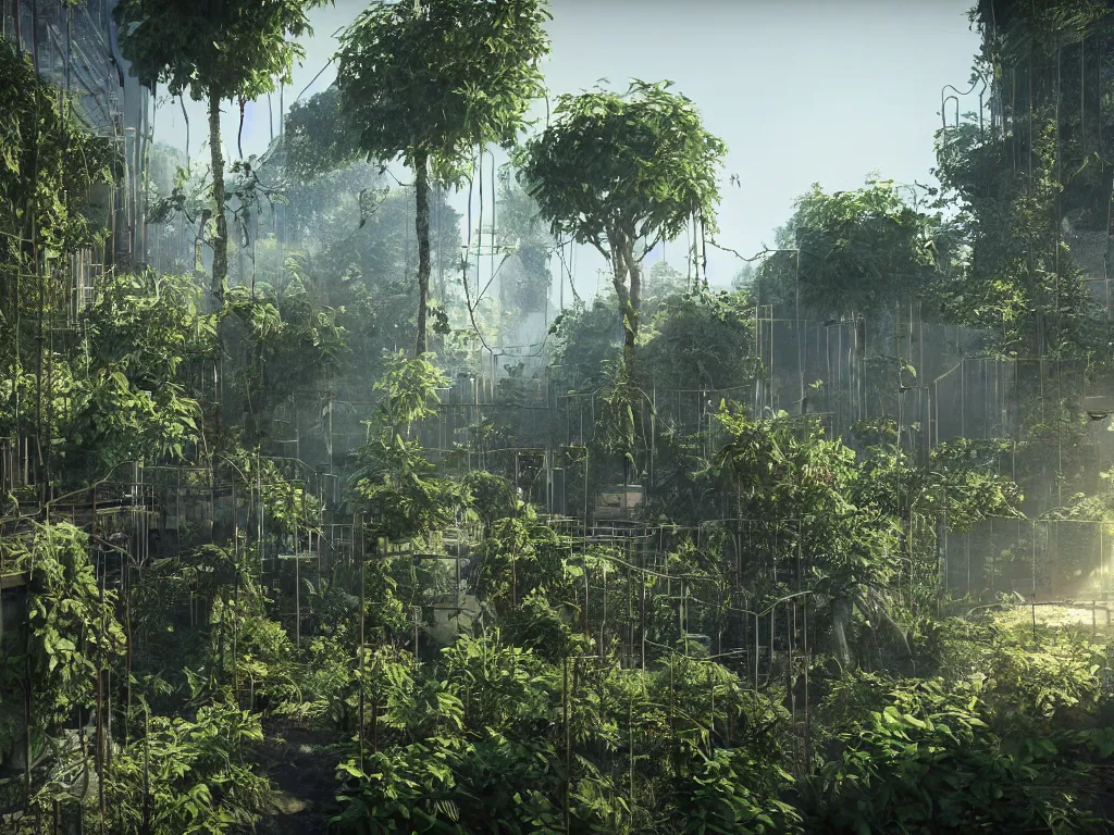 Prompt: a jungle made out of concrete. steel bars as vines, concrete beams for tree trunks, rubble, beautiful atmospheric lighting, sunlight beaming through open windows, small dust particles in the air. unreal engine 5, v - ray, 8 k, ultra hd, god rays.