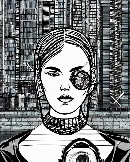 Image similar to cypherpunk fashion illustration, camera face, city street background with high tall buildings, abstract portrait highly detailed, finely detailed