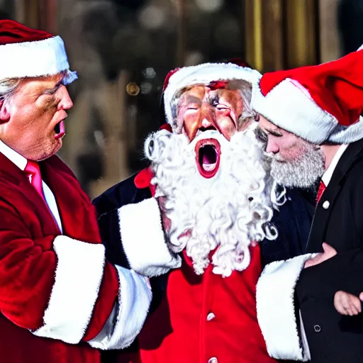 Prompt: trump as a drunk and disheveled mall santa claus screaming incoherent political lies at children, paparazzi photo, highly detailed, high definition, ultra realistic