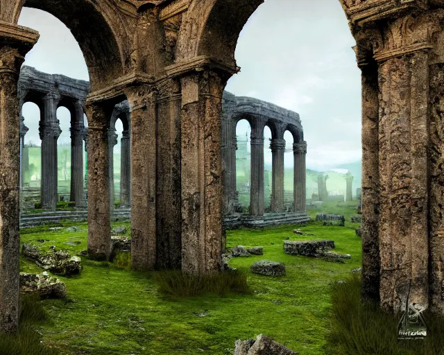 Prompt: Old ancient Roman ruins, mossy, detailed, 8k, matte painting, landscape