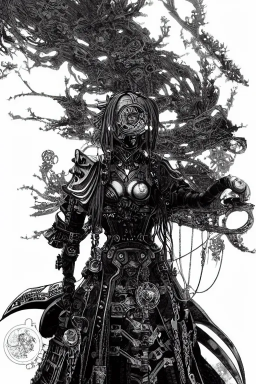 Image similar to a vertical portrait of a character in a scenic environment by yoshitaka amano and nihei tsutomu, black and white, dreamy, steampunk armor, highly detailed