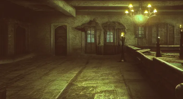 Image similar to final fantasy 7 background, pre-rendered, cinematic lighting, creepy vampire mansion interior