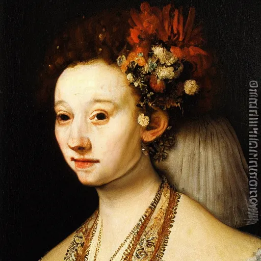 Prompt: oil painting portrait dark background of a young woman covered with flowers and with a gentle face wearing an elizabethan ruff, by rembrandt van rijn