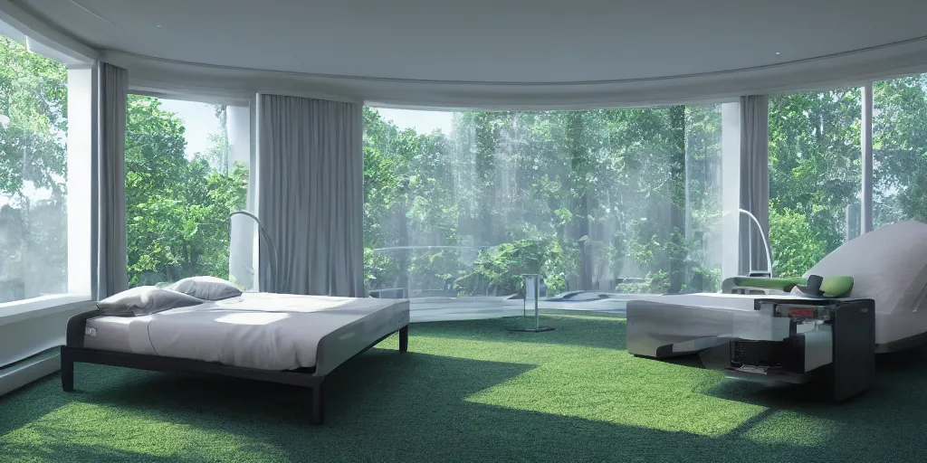 Image similar to a futuristic bed in the foreground of a futuristic minimalistic room with a huge window overlooking an lush green verdant alien planet, photorealistic, cinematic, octane render by oblivion movie thom tenery and dieter rams