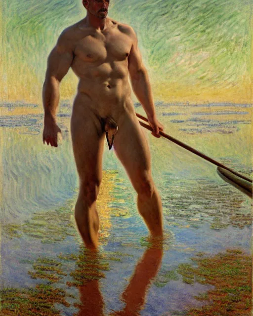 Image similar to muscular soldier wading through a river, long rubber wading boots, sunlight shining on his skin, reflective water, painting by tom of finland, gaston bussiere, craig mullins, j. c. leyendecker, claude monet