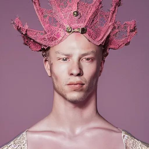 Prompt: a portrait of a beautiful young male wearing an alexander mcqueen armor made of pink lace , photographed by andrew thomas huang, artistic