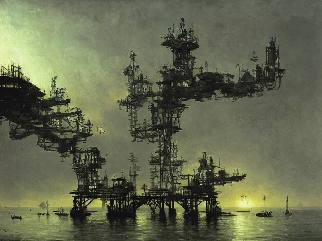 Image similar to an futuristic oil platform by carl spitzweg