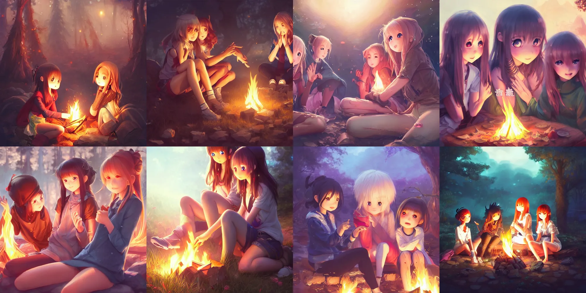 Prompt: very beautiful cute girls sitting around campfire at night, anime, super detailed faces and eyes, trending on artstation, pixiv, hyperdetailed Unreal Engine 4k 8k ultra HD, Stanley Artgerm Lau, WLOP, Rossdraws, James Jean, Marc Simonetti, Sakimichan, illustration, digital art, concept art, manga cover