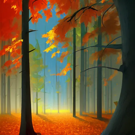 Image similar to goro fujita ilustration a forest full of leaves on the ground, tall autumn trees that let in small streaks of light to the ground, painting by goro fujita, sharp focus, highly detailed, artstation