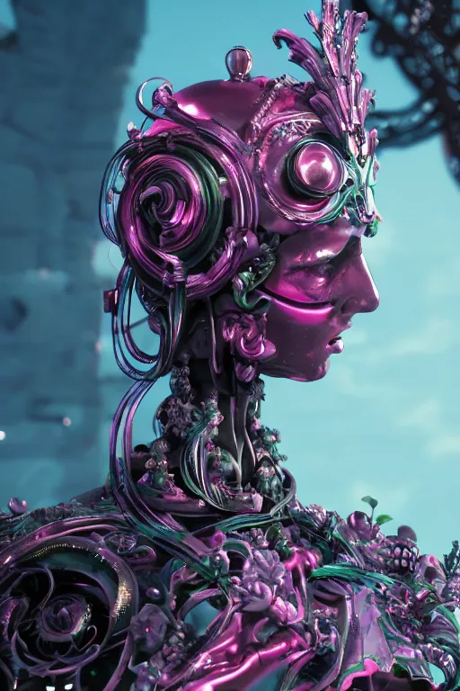 Prompt: full-body rococo and cyberpunk style sculpture of a young handsome seductive Italian android prince reaching for the sun, glowing pink eyes, crown of blue gears, swirling green-colored silk fabric. futuristic elements. full-length view. intricate artwork by caravaggio. Trending on artstation, octane render, cinematic lighting from the right, hyper realism, octane render, 8k, depth of field, 3D