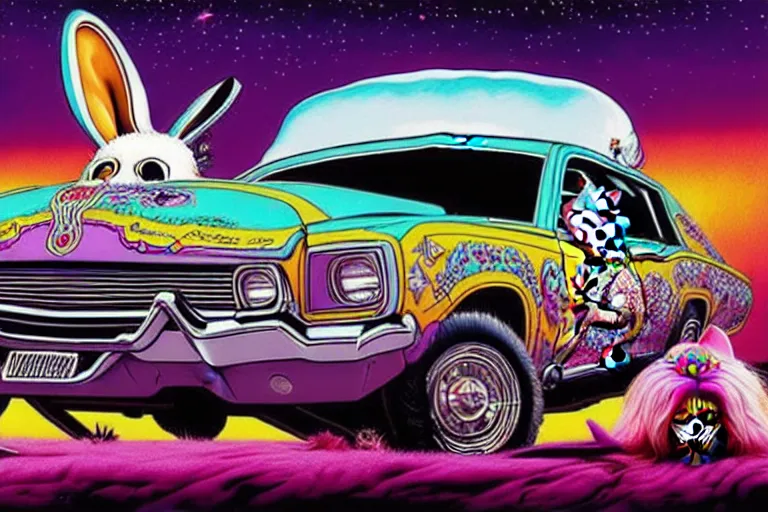 Image similar to closeup of a amc marlin lowrider driven by a cute fluffy female bunny in a dia de los muertos face makeup, in a quantum wormhole, juxtapoz, artforum, gary baseman, dan mumford, pedro correa, mad magazine, matte sharp painting