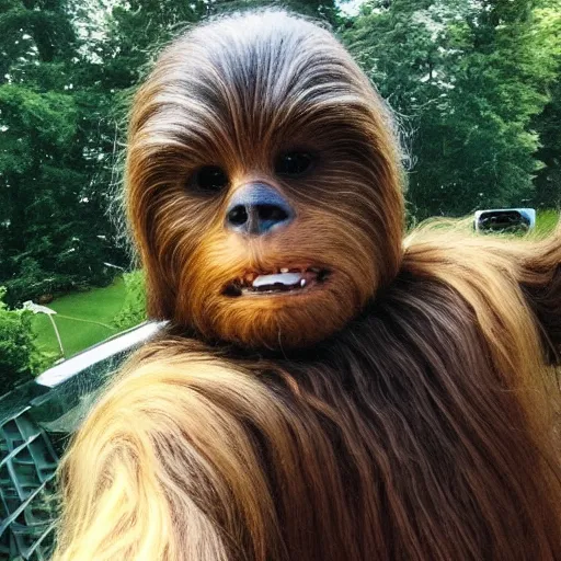 Prompt: teenage wookiee taking selfie for the gram