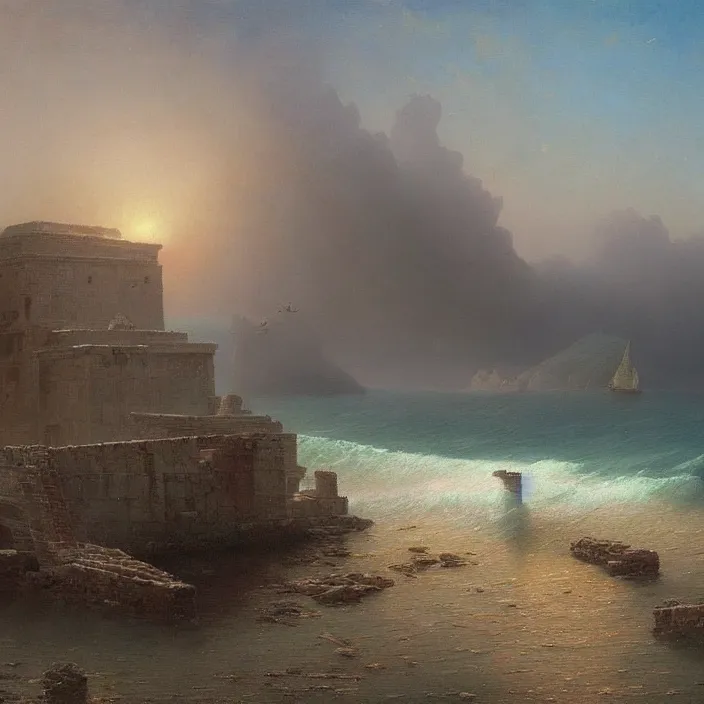 Image similar to a beautiful painting of ruins on the sea by ivan aivazovsky and zdzisław beksinski and rene magritte and greg rutkowski and james gurney, in style of digital art. hyper detailed, sharp focus, soft light. octane render. ray tracing. trending on artstation