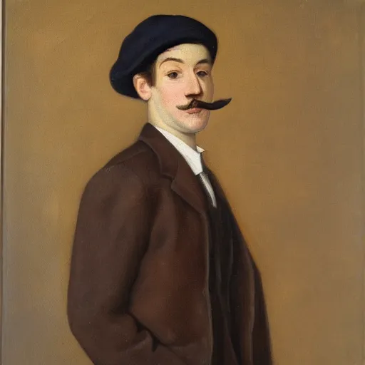 Image similar to portrait of a british young man in a flat cap, a small mustache, and a nice brown suit, oil painting