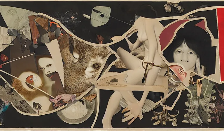 Image similar to im being hunted, collage, mixed media, esoteric, paranoid, conspiracy, by toshiko okanoue, tadanori yokoo, hannah hoch, man ray