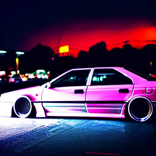 Image similar to a car JZX100 at illegal car meet, Saitama prefecture, city sunset mist neon lights, cinematic color, photorealistic, highly detailed, 50MM