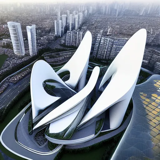 Image similar to A futuristic architectural masterpiece by Zaha hadid, detailed