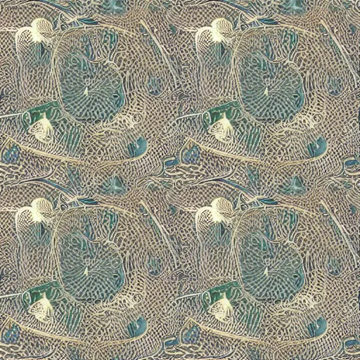 Image similar to beautiful and artistic mycelium on a fantastic planet and unusual inhabitants of the oceans, protozoa, amoeba, diatoms, highly detailed, pattern with optical illusion, tiling texture repeating fabric pattern