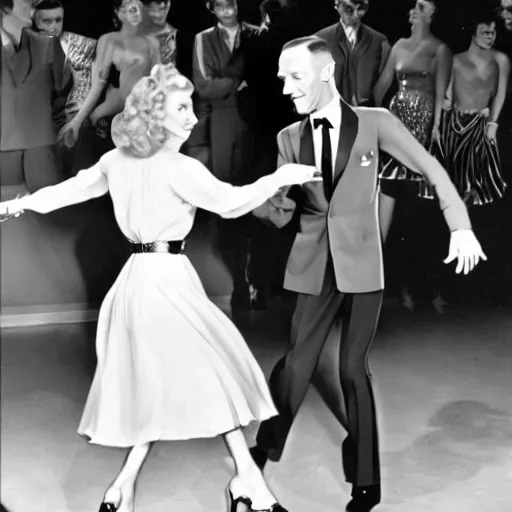 Image similar to Fred Astaire and Ginger Rogers make a disco dance in Grease