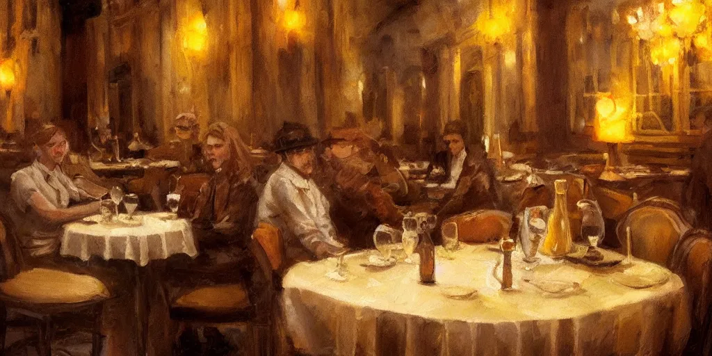 Image similar to brown cat with yellow eyes is sitting at table in a cafe at paris in early 2 0 th century. atmospheric feeling, warm colours, brown colours, yellow colours, epic scene, cinematic, very detailed, concept art, trending on artstation