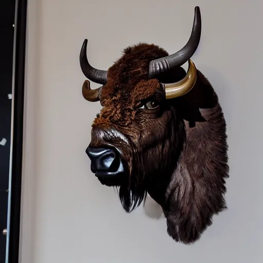 Prompt: hunting trophy in the form of a bison head, with oculus quest glasses over the eyes, nailed to the wall, photorealistic