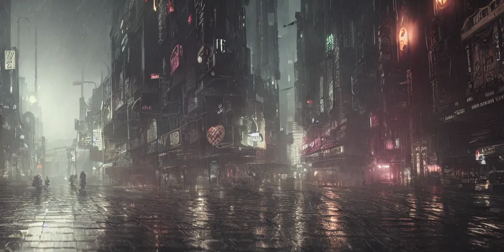 Image similar to uncanny valley, dark grotesque nocturne cyberpunk city, armed and dangerous, night, rain, black, grey, white, realistic 4 k octane beautifully detailed render, 4 k post - processing, highly detailed, intricate complexity, epic composition, magical atmosphere, cinematic lighting, masterpiece, ultra hd