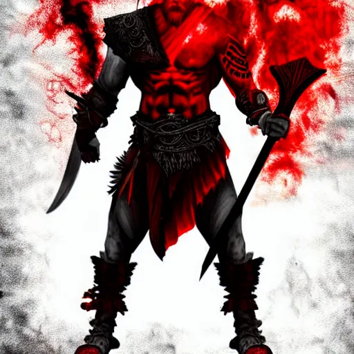 Image similar to epic chthonic ancient warrior Kratos black veins red demonic eyes, red smoke on the background by Boris Valejio, high detailed digital art