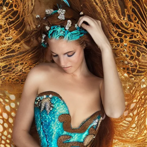 Image similar to mermaid , underwater , a stunning beautiful giorgia-era dress with brown long hair , abundant detail, flowers sprouting from the face