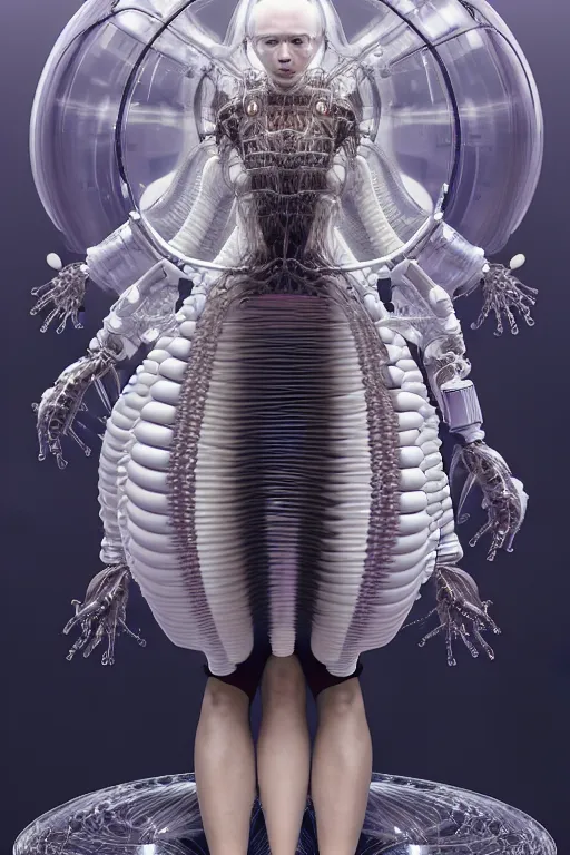 Image similar to background space station, baroque inflateble dress iris van herpen positing on floor, perfect symmetrical, full body shot, white helmet on face, inflateble shapes, wires, tubes, veins, jellyfish, white biomechanical details, wearing epic bionic implants, masterpiece, intricate, biopunk, vogue, highly detailed, artstation, concept art