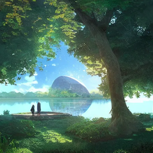 Image similar to geodesic dome in front of a lake with gardens and waterfall, gapmoe kuudere moody lighting stunning bokeh highlights sharp contrast | trending pixiv fanbox | by greg rutkowski makoto shinkai takashi takeuchi studio ghibli