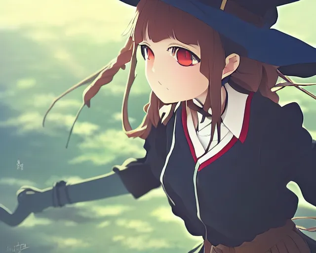 Prompt: key anime visual portrait of a young female in a village, dynamic pose, dynamic perspective, cinematic, dramatic lighting, muted colors, detailed silhouette, textured, finely detailed eyes, anime proportions, little witch academia