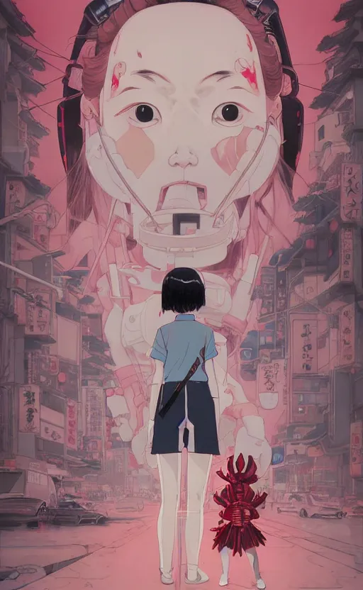 Image similar to Artwork by James Jean, Phil noto and hiyao Miyazaki ; (1) a young Japanese future samurai police lady named Yoshimi battles an (1) enormous evil natured carnivorous pink robot on the streets of Tokyo; Japanese shops and neon signage; crowds of people running; Art work by Phil noto and James Jean and studio ghibli