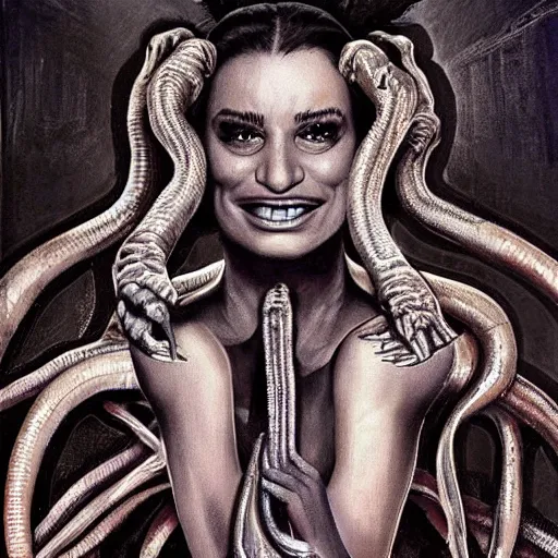 Image similar to lea michele in the style of h r giger, lea michele as supreme dictator of the united states of america