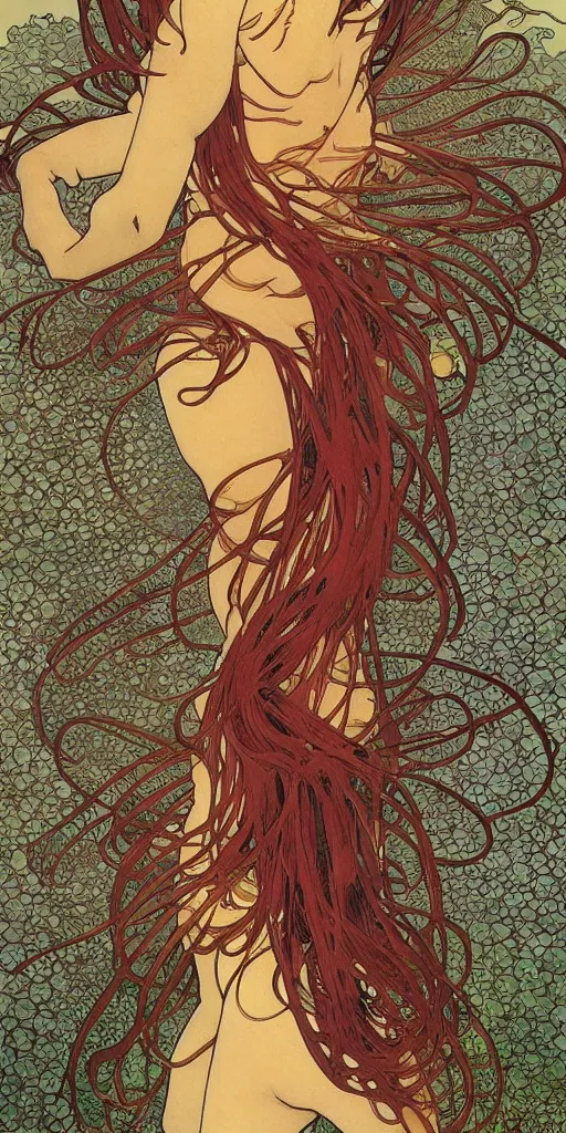 Prompt: a woman splits open and hundreds of centipedes crawl from her wounds, 8 k, ultra realistic, moebius alphonse mucha, junji ito,
