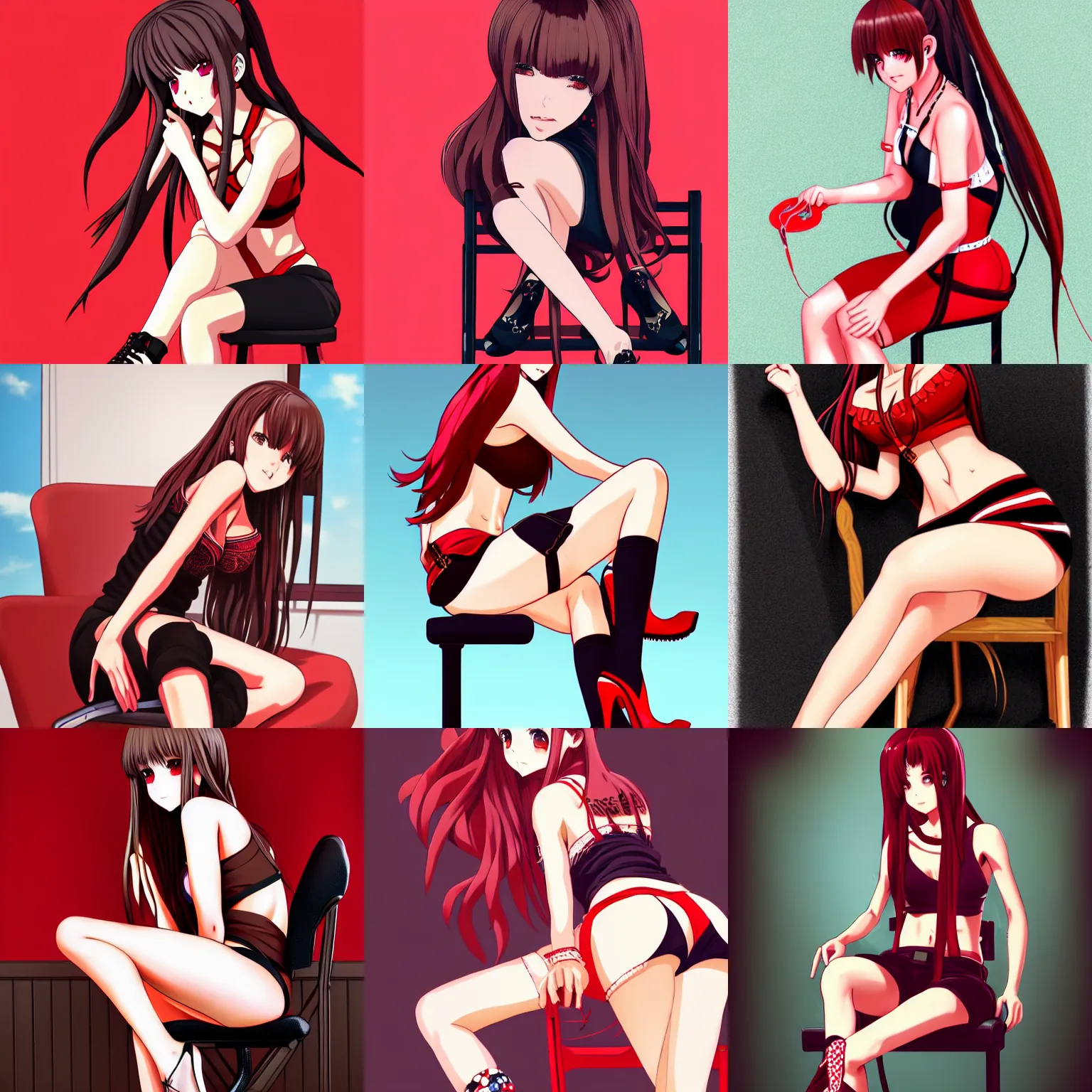 Prompt: sexy girl with braided brown hair, wearing a shorts and stilettos, sitting in a chair, highly detailed, painting, red and black color palette, intricate, high quality anime artstyle