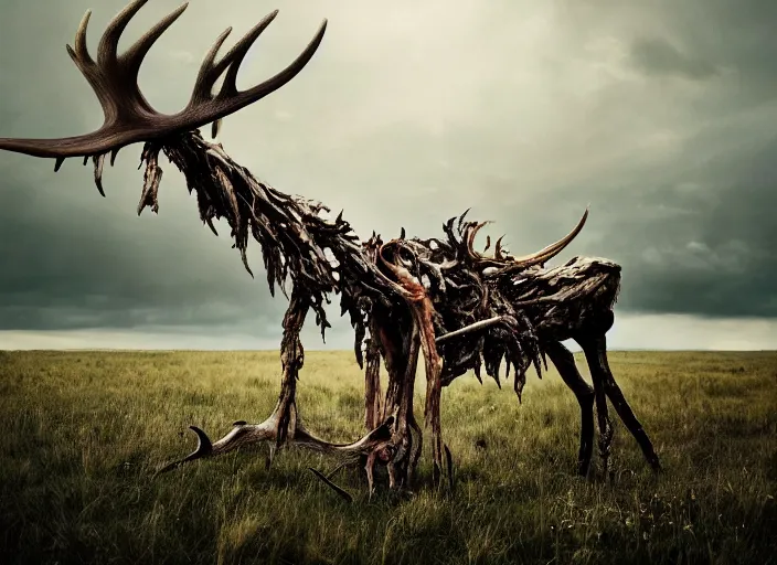 Image similar to photograph of a horrifying nature monster made of animal parts, tree parts, bones, antlers and an extremely long neck, in a meadow, dramatic lighting, full frame photography