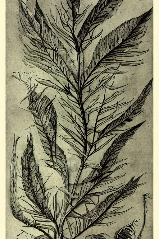 Image similar to scan of the leaves of an old cursed herbarium, by john howe, infographic, textbook, marginalia, cursed, alien