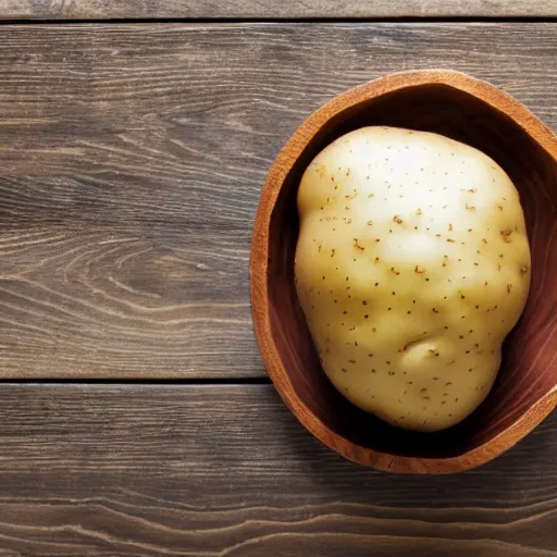 Prompt: potato with face, legs and arms, on a wooden table