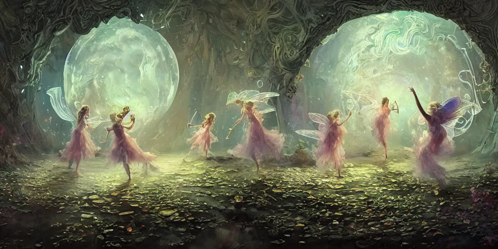 Image similar to concept art of translucent glowing fairies dancing, lovecraftian, renaissance, melting, round moon, rich clouds, fighting the horrors of the unknown, very detailed, volumetric light, mist, fine art, decaying, textured oil over canvas, epic fantasy art, very colorful, ornate intricate scales