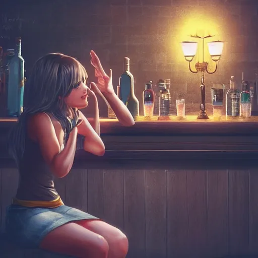 Prompt: a beautiful barmaid trying to cheer up a gloomy guy, sitting in a dark pub at the corner , made by Stanley Artgerm Lau, WLOP, Rossdraws, ArtStation, CGSociety, concept art, cgsociety, octane render, trending on artstation, artstationHD, artstationHQ, unreal engine, 4k, 8k,