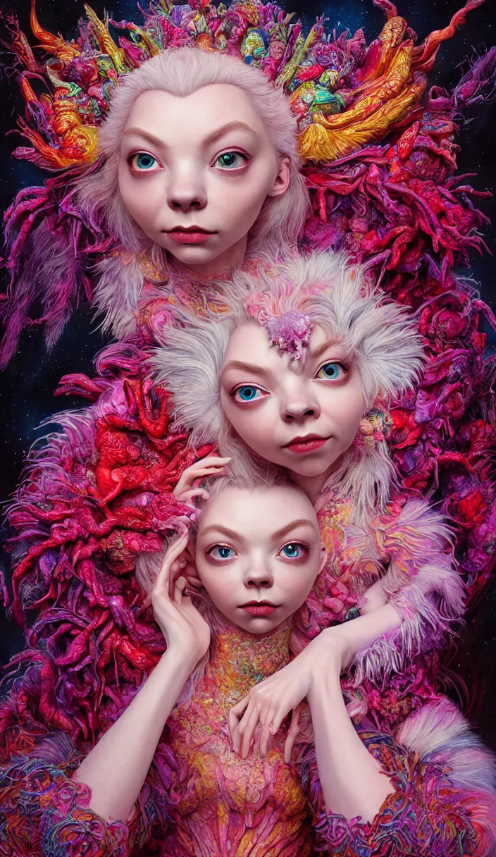 Image similar to hyper detailed 3d render like a Oil painting - kawaii portrait of surprised Aurora (a beautiful skeksis muppet fae queen from dark crystal that looks like Anya Taylor-Joy) seen red carpet photoshoot in UVIVF posing in scaly dress to Eat of the Strangling network of yellowcake aerochrome and milky Fruit and His delicate Hands hold of gossamer polyp blossoms bring iridescent fungal flowers whose spores black the foolish stars by Jacek Yerka, Ilya Kuvshinov, Mariusz Lewandowski, Houdini algorithmic generative render, Abstract brush strokes, Masterpiece, Edward Hopper and James Gilleard, Zdzislaw Beksinski, Mark Ryden, Wolfgang Lettl, hints of Yayoi Kasuma and Dr. Seuss, octane render, 8k
