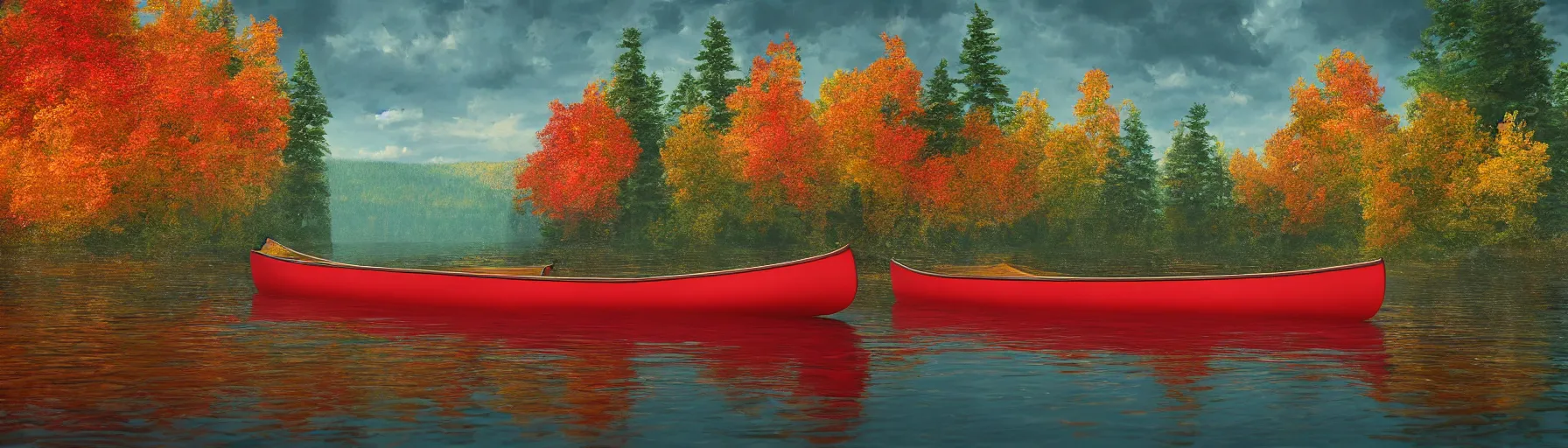 Image similar to canoe on a scenic northern Algonquin lake, vivid colors, high details, cinematic, 8k resolution, beautiful detailed, photorealistic, digital painting, artstation, concept art, smooth, sharp focus, illustration, fantasy background, artstation trending, octane render, unreal engine