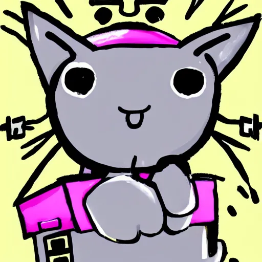 Prompt: cute grey cat holding wingman, comic style, video game, pink background, no letters