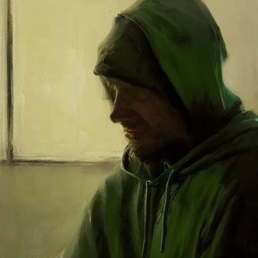 Image similar to portrait of a wondering chad programmer with green hood by jeremy mann, dramatic lighting, close up