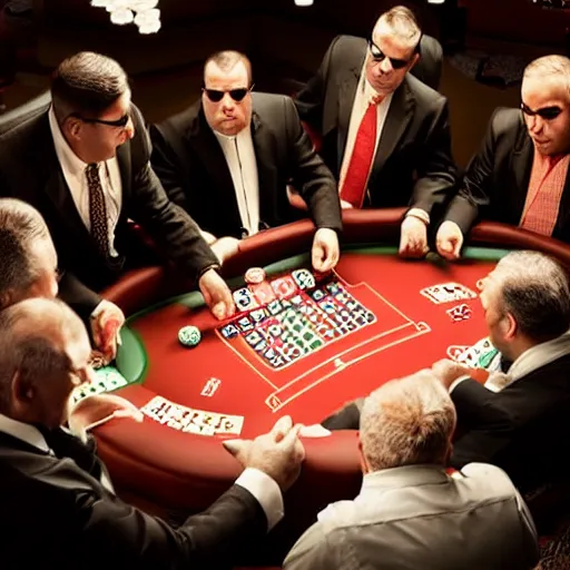 Image similar to fat mobster cats gambling at a poker table single light overhead photo