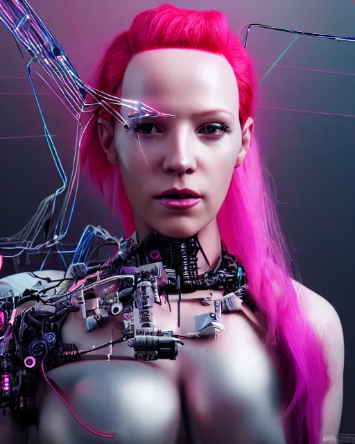 Prompt: portrait of a beautiful australian woman with pink hair as a cyberpunk cyborg half robot, revealing wires and electronics, sci - fi, missing panels, intricate abstract upper body intricate artwork, concept art, octane render, deviantart, cinematic, key art, hyperrealism, iridescent accents, portrait photograph, nikon 3 5 mm, photograph by greg rutkowski