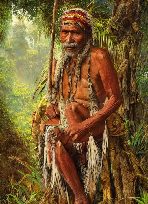 Prompt: a beautiful painting of a very old indigenous grand-father in the amazon jungle, matte painting, fantasy art, ayahuasca, highly detailed