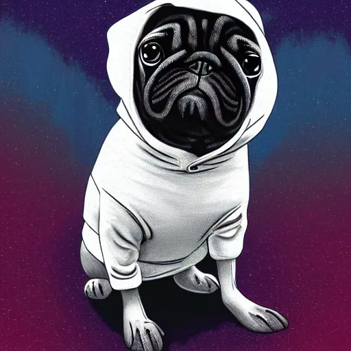 Image similar to a sad pug wearing a hoodie, the word ( sad ) is typed on the hoodie in upper case letters, digital art, synthwave style, trending on artstation, matte painting